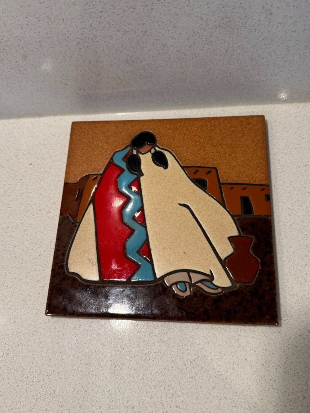 arius vintage santa fe 80s 1985 tile art decor woman with pot 6 x 6 inches